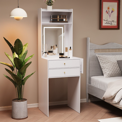 Vanity Dressing Table with Foldable Side Panel LED Light Mirror Shelves White