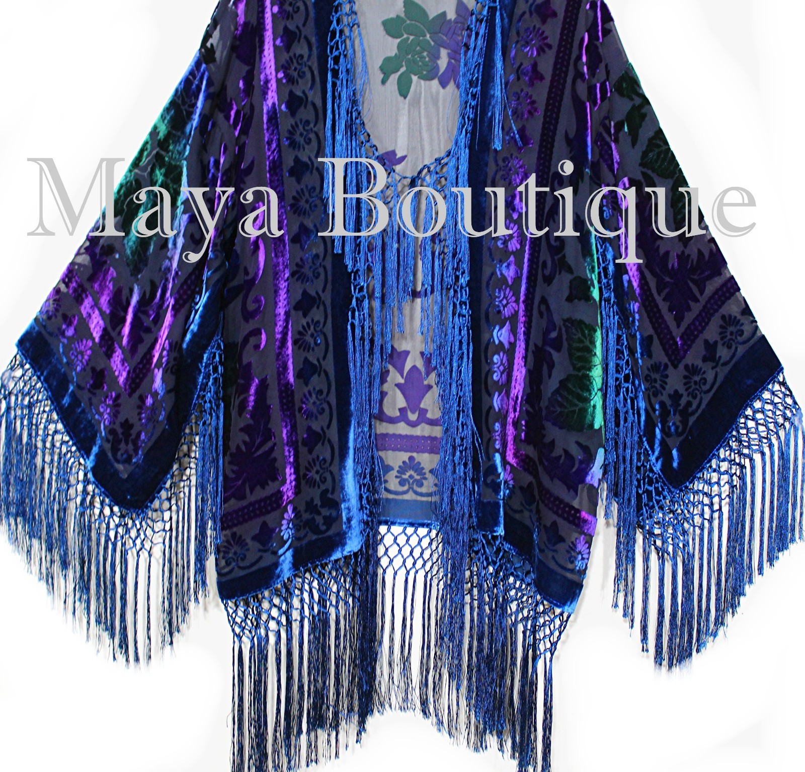 Pre-owned Maya Matazaro Tye Dye Teal Multi Short Fringe Jacket Kimono Burnout Velvet
