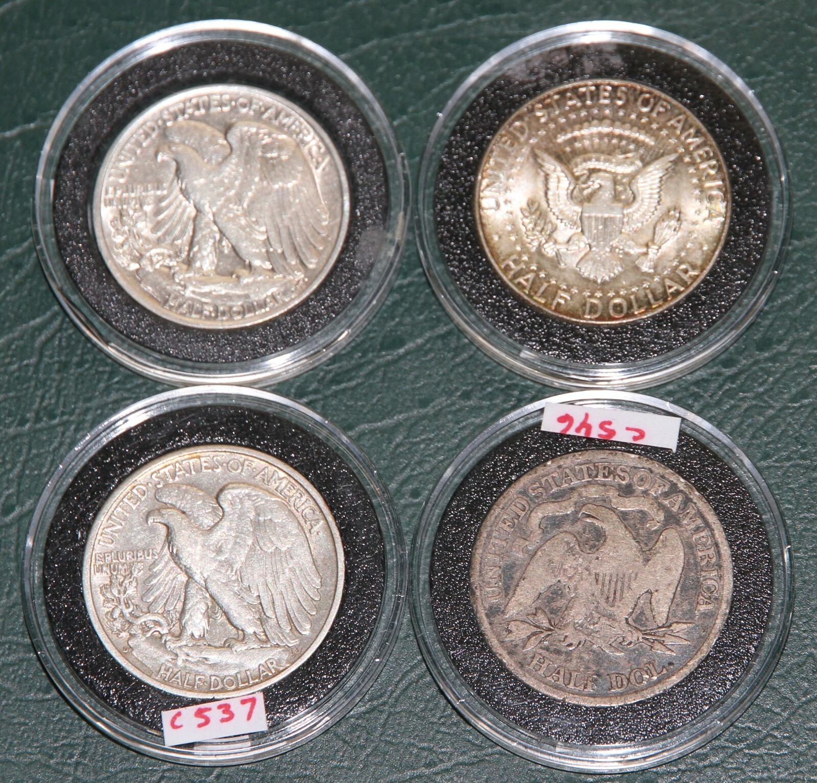 (4) Half Dollars 2 Walking Liberty & 1876 Seated & Kennedy in Airtite Holders