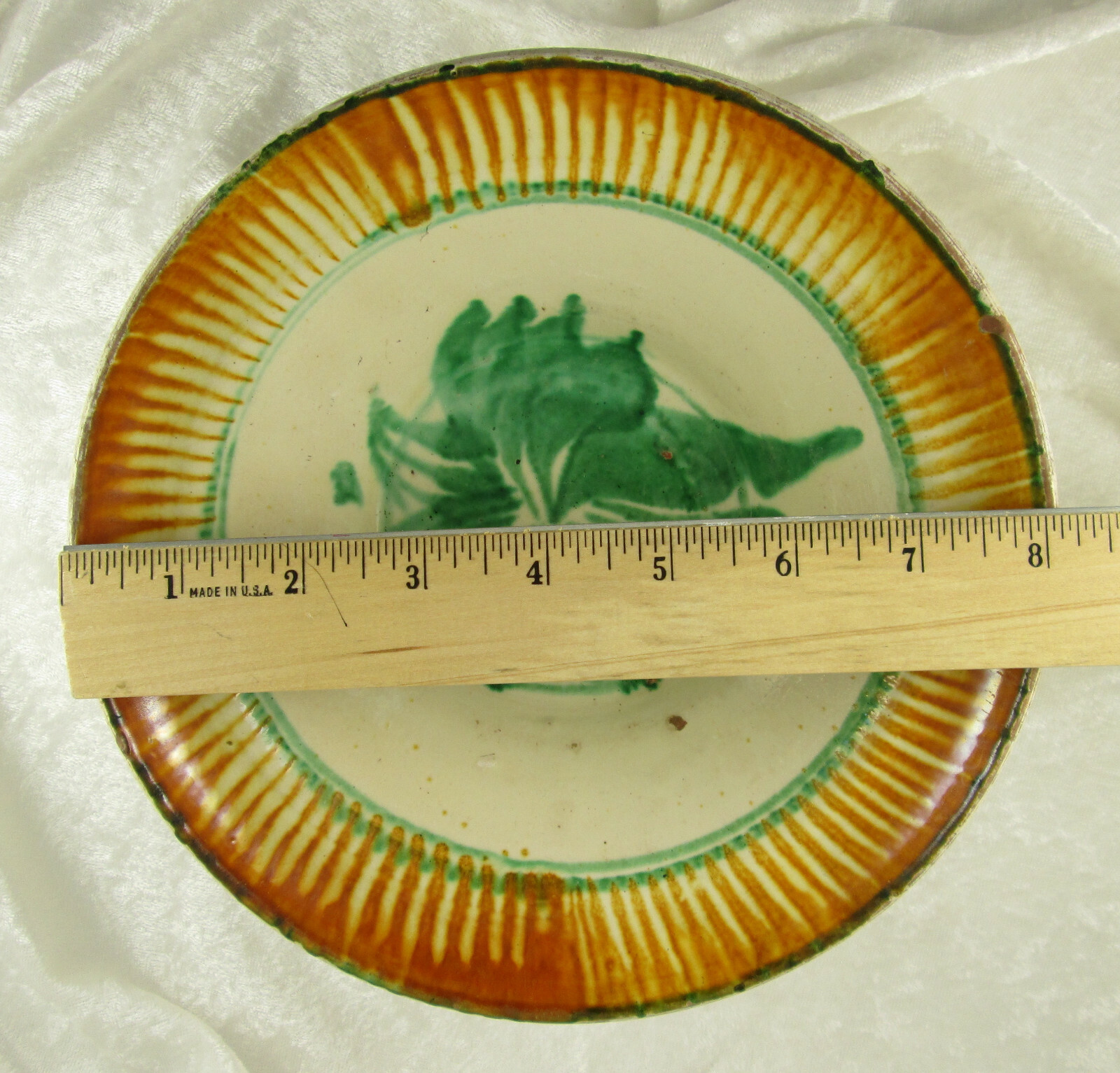 Vintage American Slipware Bowl White Ground Orange Green 8.25 inch Diameter