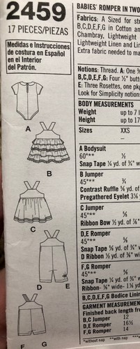 Simplicity Sewing Pattern 2459 Babies Romper Jumper Bodysuit Size XXS-L  Uncut