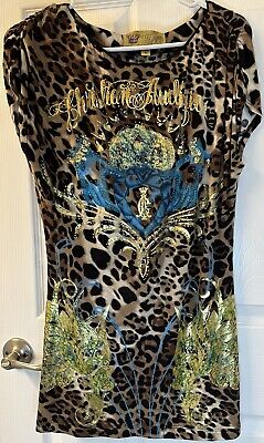 Christian Audigier Bedazzled Rose Short Sleeve Top Size M