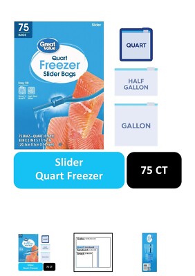 Great Value Freezer Guard Slider Zipper Bags, Quart Freezer, 75 Count