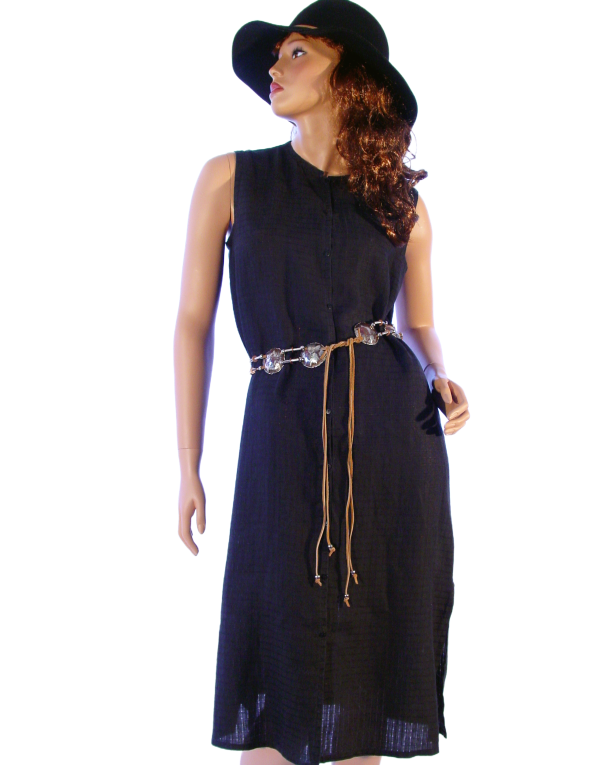 EILEEN FISHER Swan Dive Sheer Black Textured Irish Linen Button Down Dress S