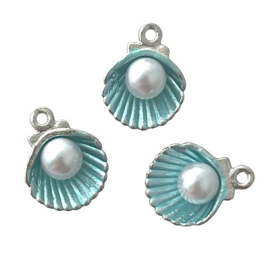 20 Clam Shell Charms Blue Enamel White Faux Pearl Embellished Bead Drops 15x12mm