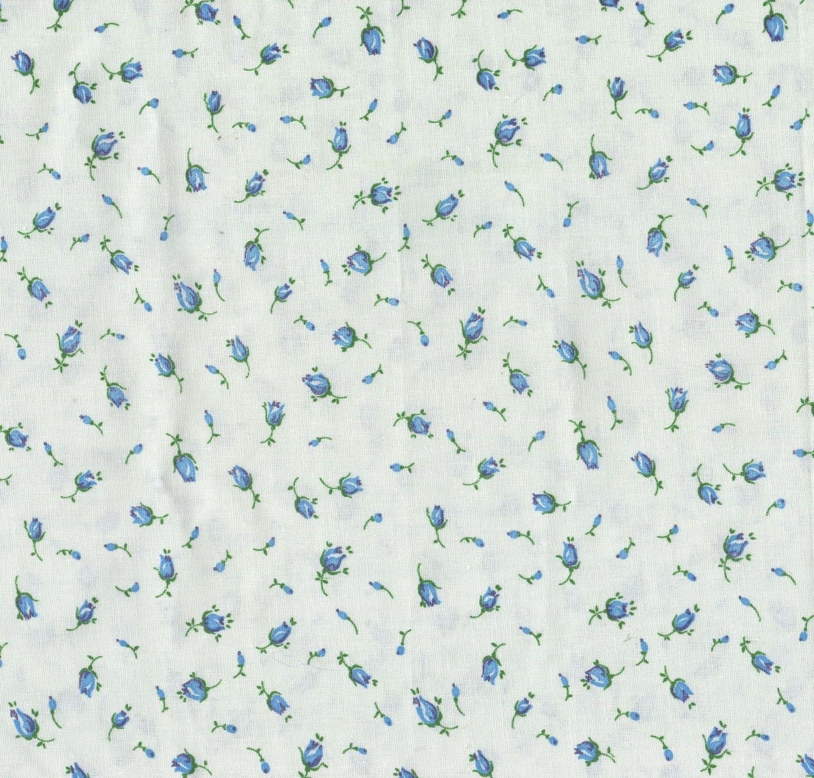 White Cotton Fabric With Blue Rosebuds ~ 2Yds. Length 43