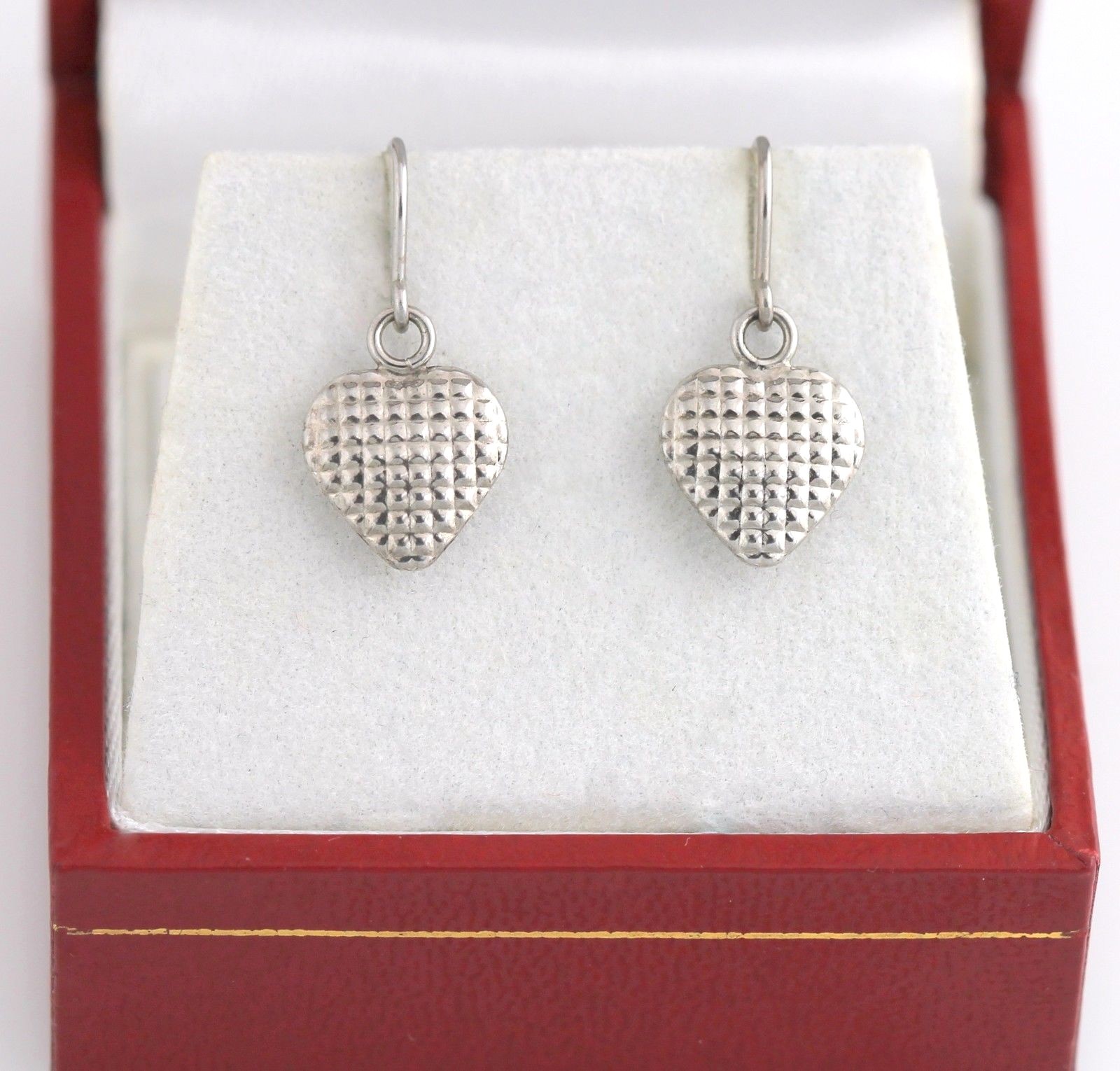 10K Heart Dangle Earrings WG White Gold Puff 3D Textured Drop Pierced Love Hook