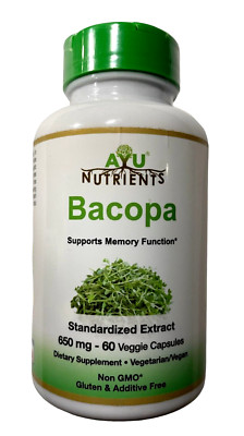 Ayu Nutrients Bacopa Supplement, Standardized Extract, 650 mg, 60 ct, Exp 12/25