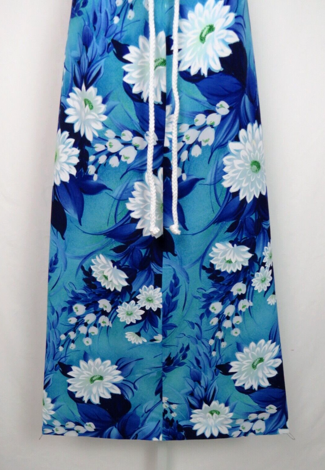 VTG 1960s 70s SEARS HAWAIIAN FASHIONS FLORAL ETHNIC DRESS BLUE WHITE LACE