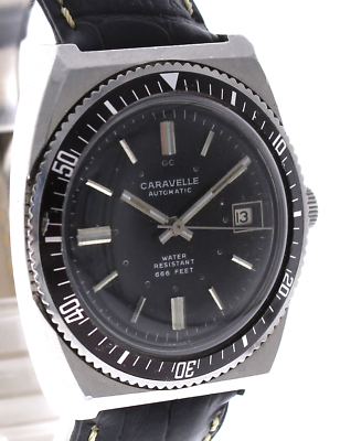 Vintage Bulova CARAVELLE 666FT Automatic Stainless Steel Black Dial Diver Watch