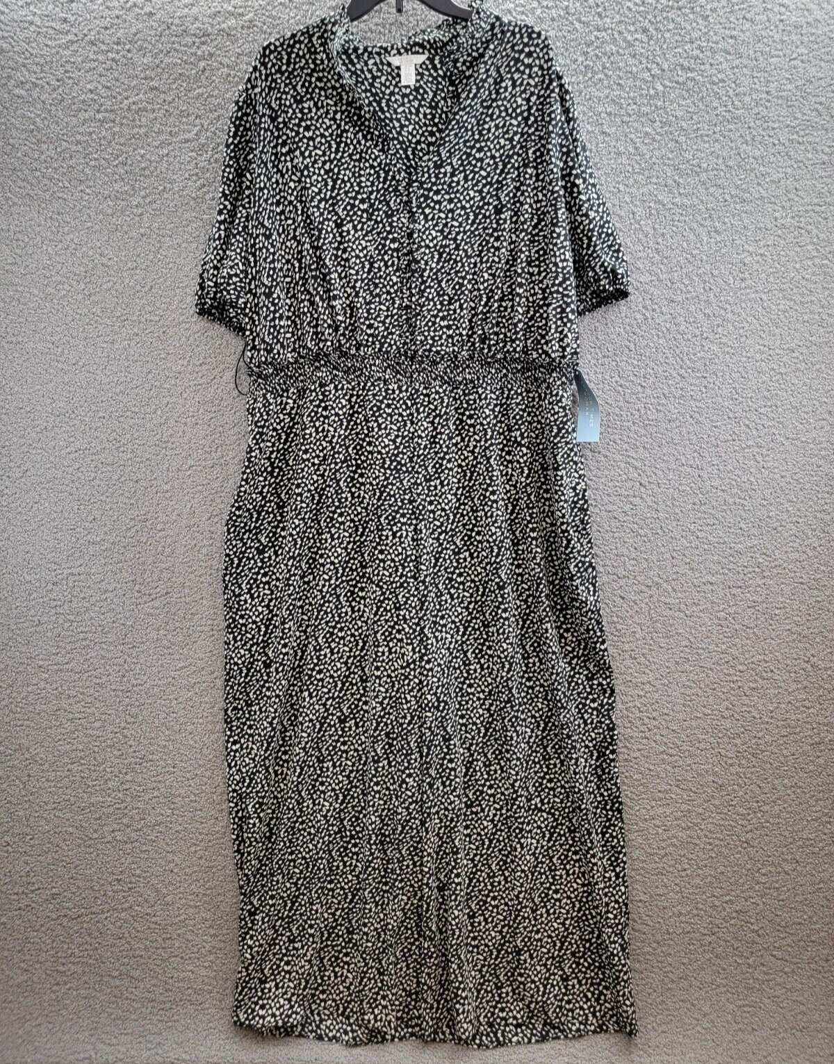 London Times Plus Puff Sleeve Front Zip Jumpsuit 22W Black/Ivory Smocked Waist - Picture 2 of 18