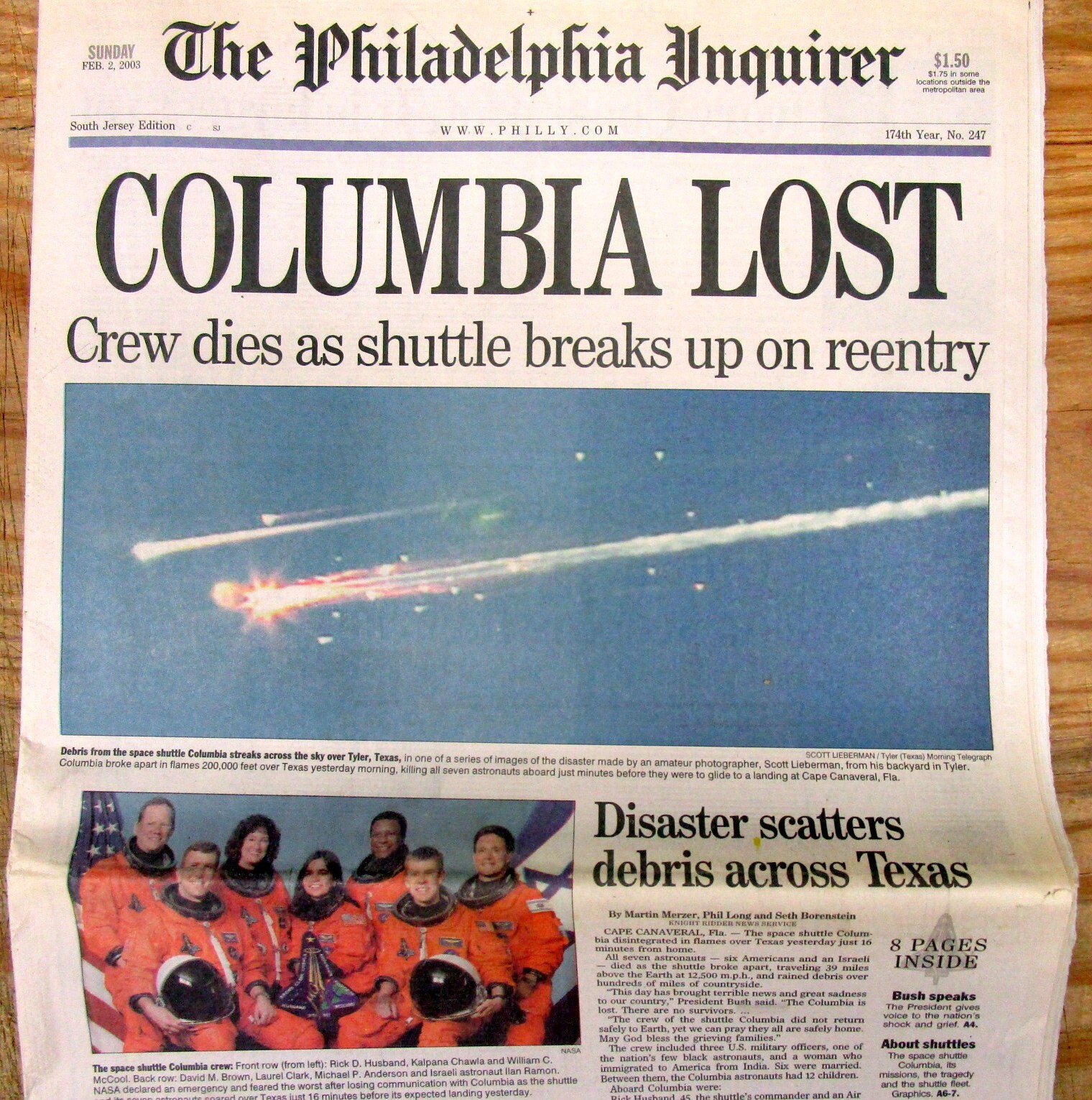 2003 newspaper 7 astronauts killed in Space shuttle COLUMBIA