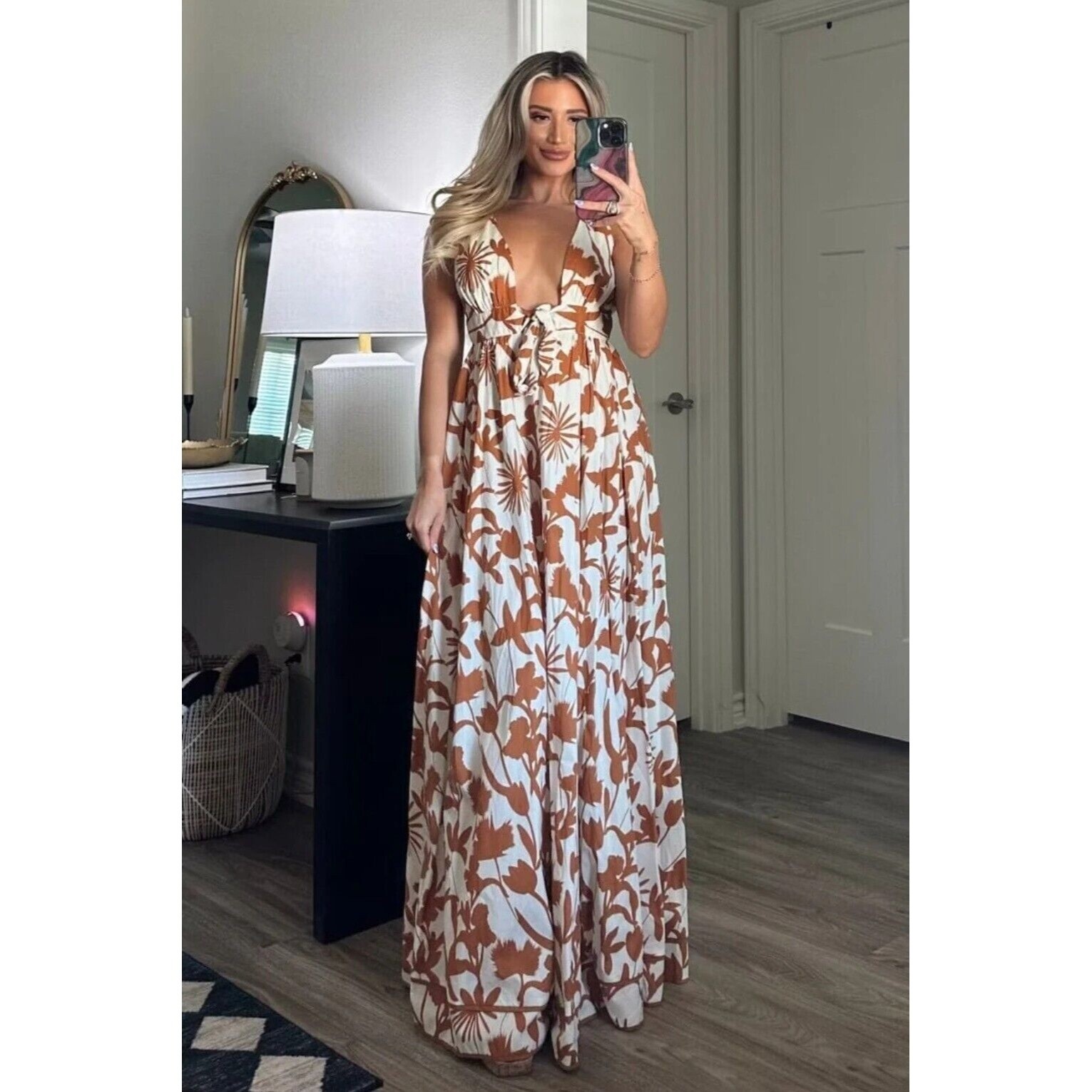 Acka all sheer flower dress（beige） Aakaa Floral Maxi Dress Women Sz S Reddish Brown & White