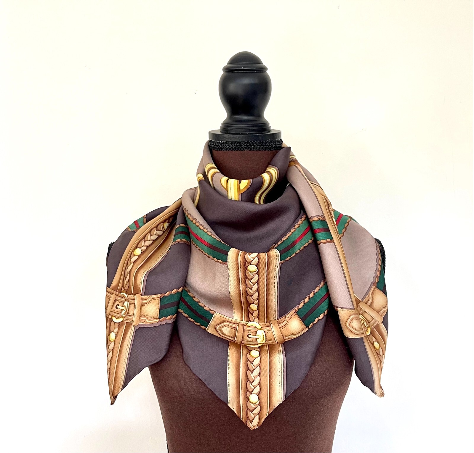 Pre-owned Gucci Unisex  Silk Wrap Logo Print Horsebit Equestrian Brown Beige Scarf
