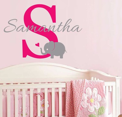Initial Monogram and Name w Cute Elephant - Vinyl Wall Decal Nursery Boy Girl 