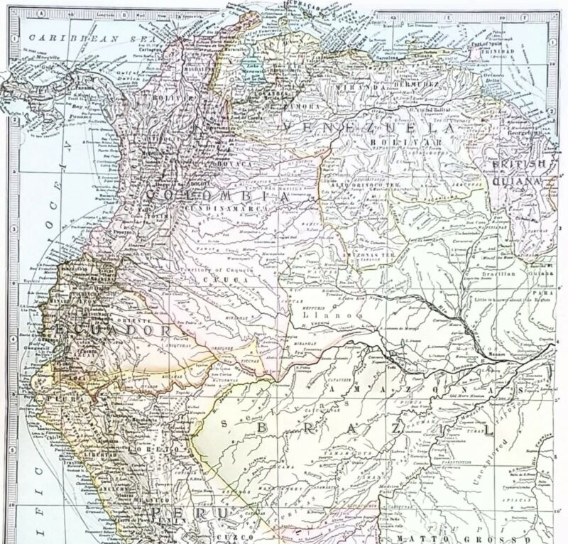 1902 South America Map Brazil Amazon Colombia Venezuela Bolivia Peru Guiana RARE