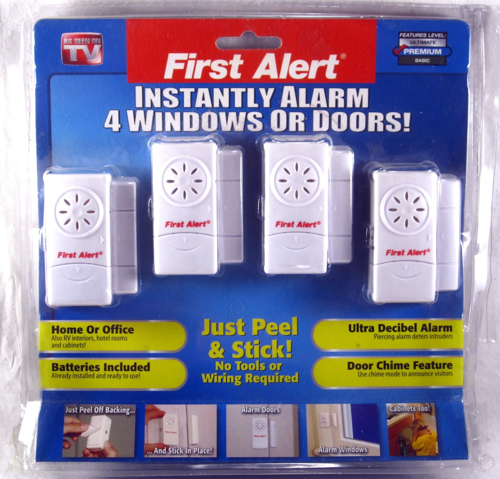 SEALED FIRST ALERT 4-PACK Premium Window & Door Security Alarms PEEL & STICK