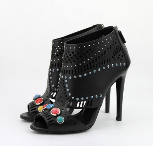 Pre-owned Gucci Women's Black Leather Open Toe W/jewels Zipper Heel Boots 374743 1000