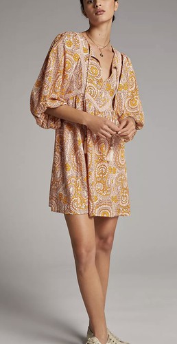 

Anthropologie Agathe Кружевное мини-платье с кружевным воротником и завязками с кисточками розовое золото  NWT, Pink gold