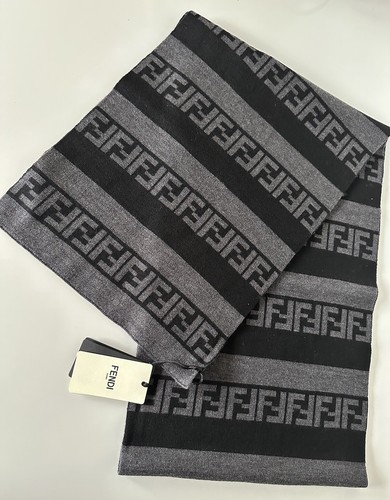 Pre-owned Fendi $470  Ff Logo Wool Black/grey Scarf 12w X 73.5l Fxs124 Italy In Gray