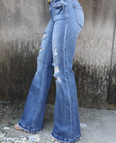 【DEARMINE】Flared embossed denim pants DGHM-JLMY Ladies Side Slit Denim Flared Pants High Rise