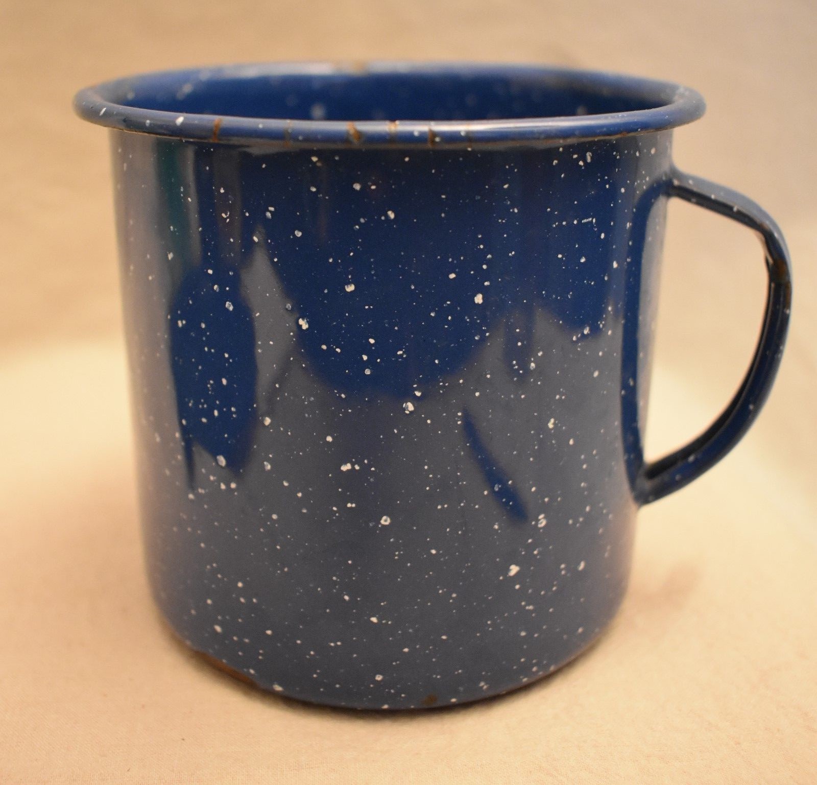 Blue Enamelware Plate and Coffee Cup white specks plate 8 5/8 in cup 3 7/8 tall