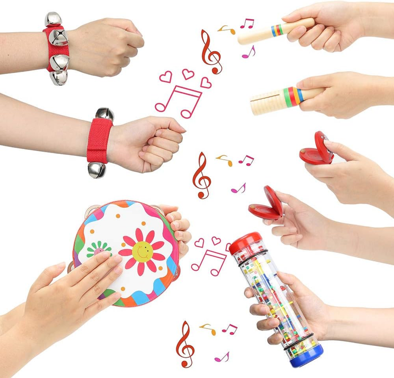 Juguetes musicales para bebés, tambor de percusión, pandereta de madera (rojo)