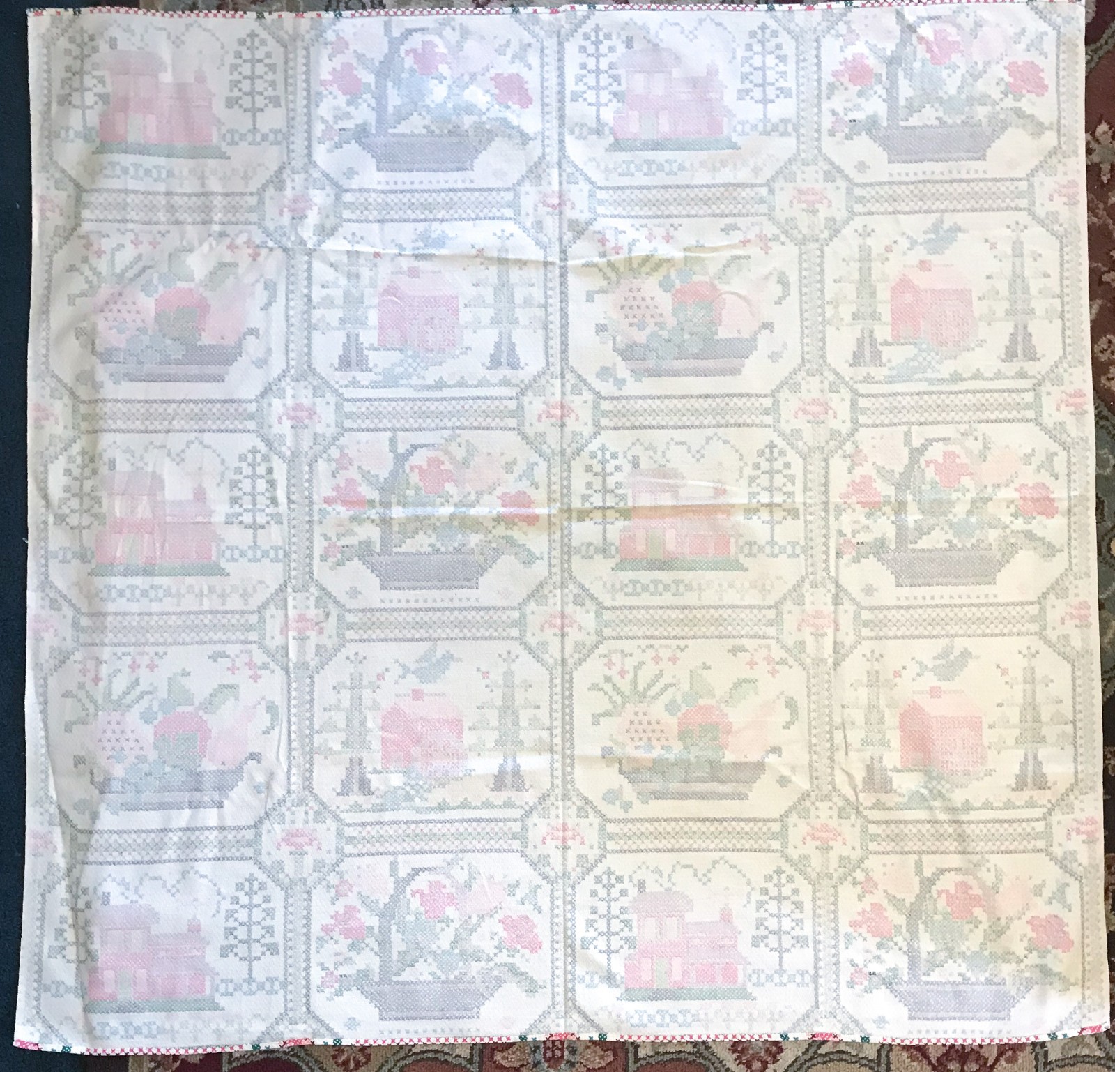 Vtg Mid Century Markwood Fabrics Vat Print Bark Cloth Tablecloth Cross Stitch