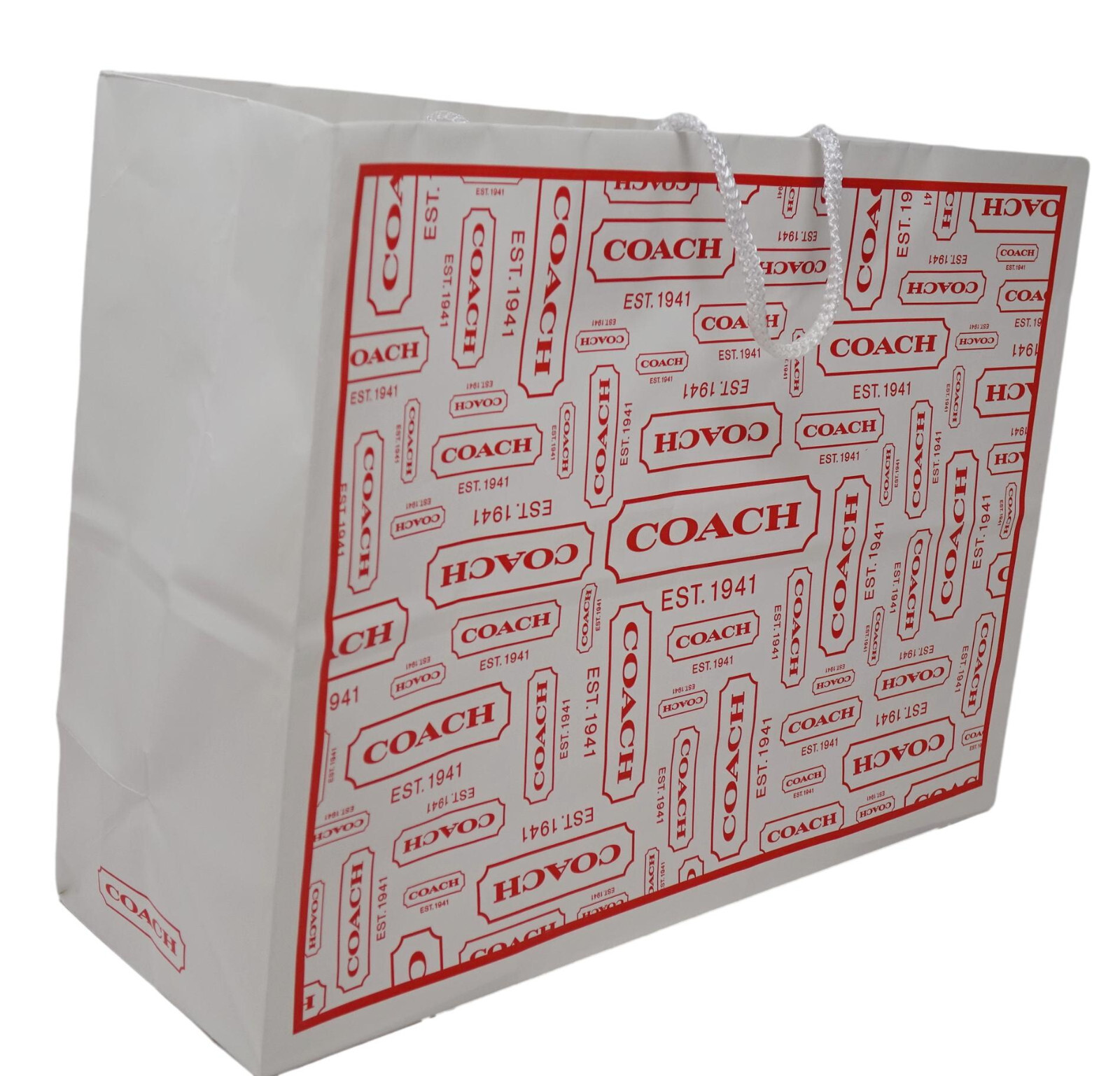 Белый подарочный бумажный пакет с красным логотипом NEW Coach среднего размера + папиросная бумага 16X12X6
