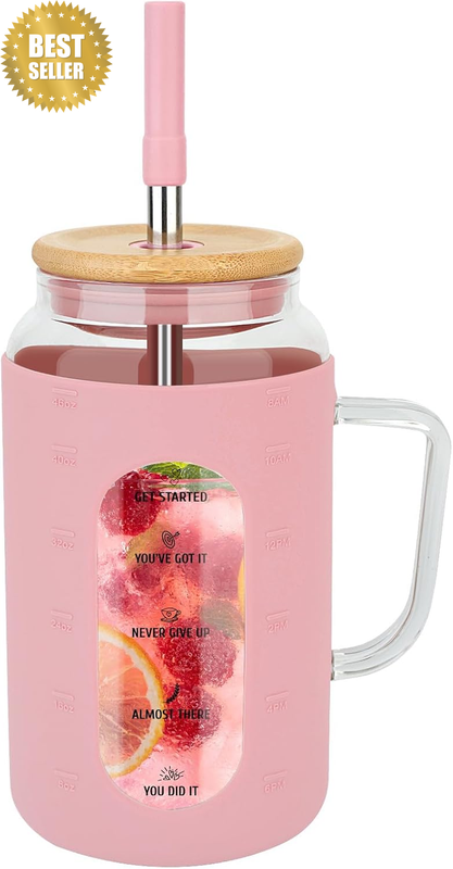 1.5L/50 Oz Glass Tumbler with Handle, Lid & Straw, Time Marker | Motivational Wa