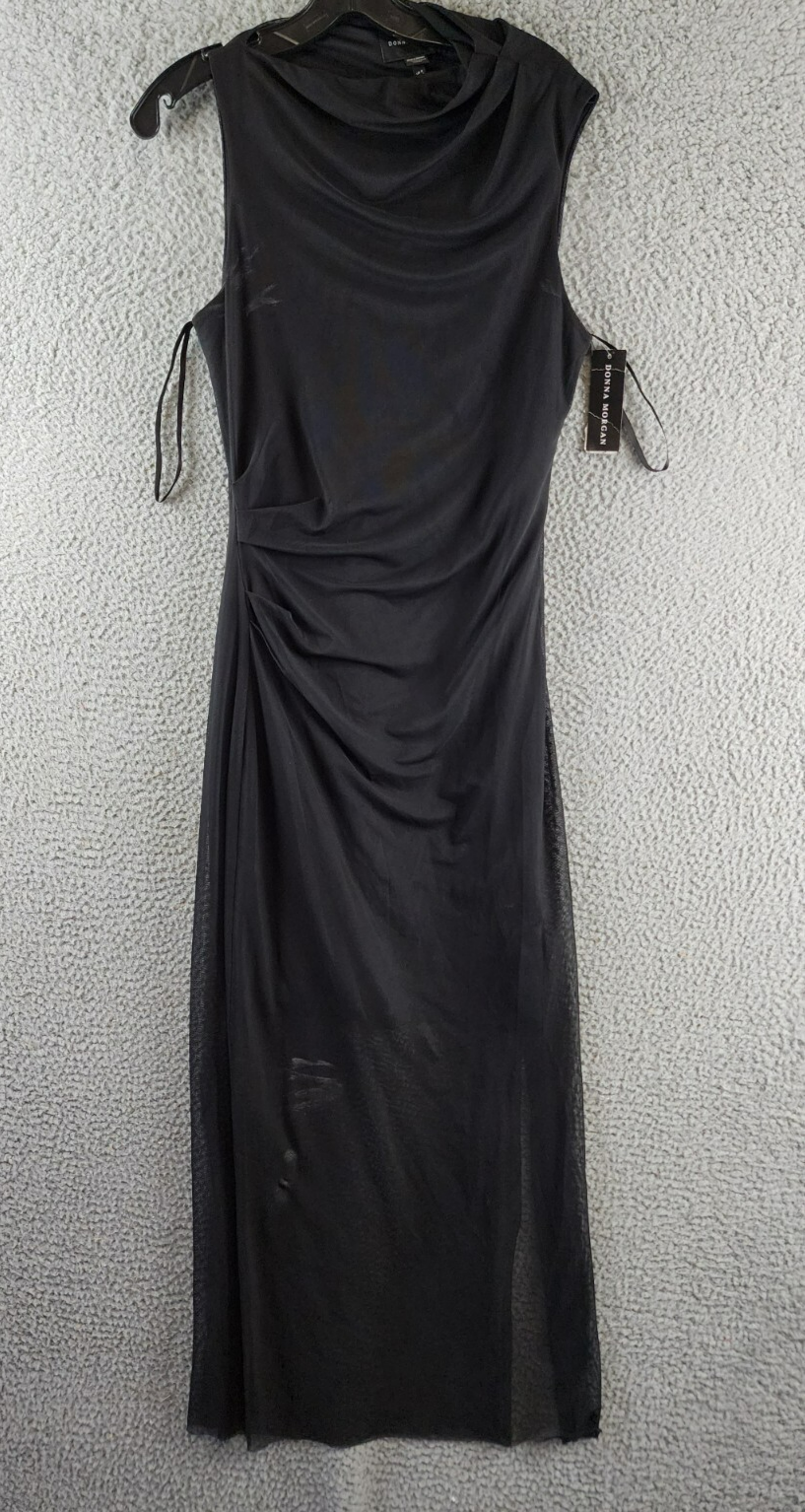 Donna Morgan Asymmetric Neck Side Pleat Maxi Dress Women's 8 Black Side Zipped - Picture 2 of 18