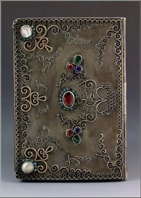 Superb Ottoman Empire / 19thC Turkish Silver Book Cover w/ Mop, Gold & Turquoise