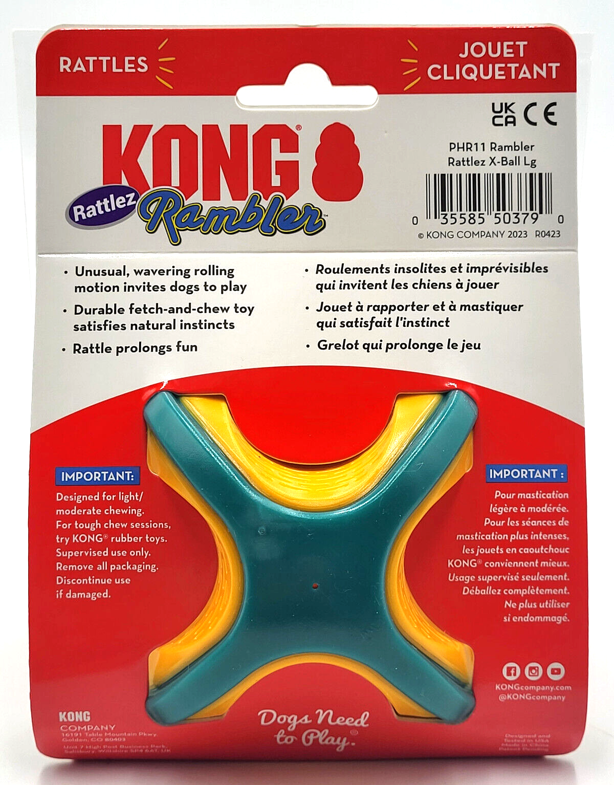 KONG Rambler Rattlez X-Ball Medium/Large Fetch & Chew Dog Toy 3"