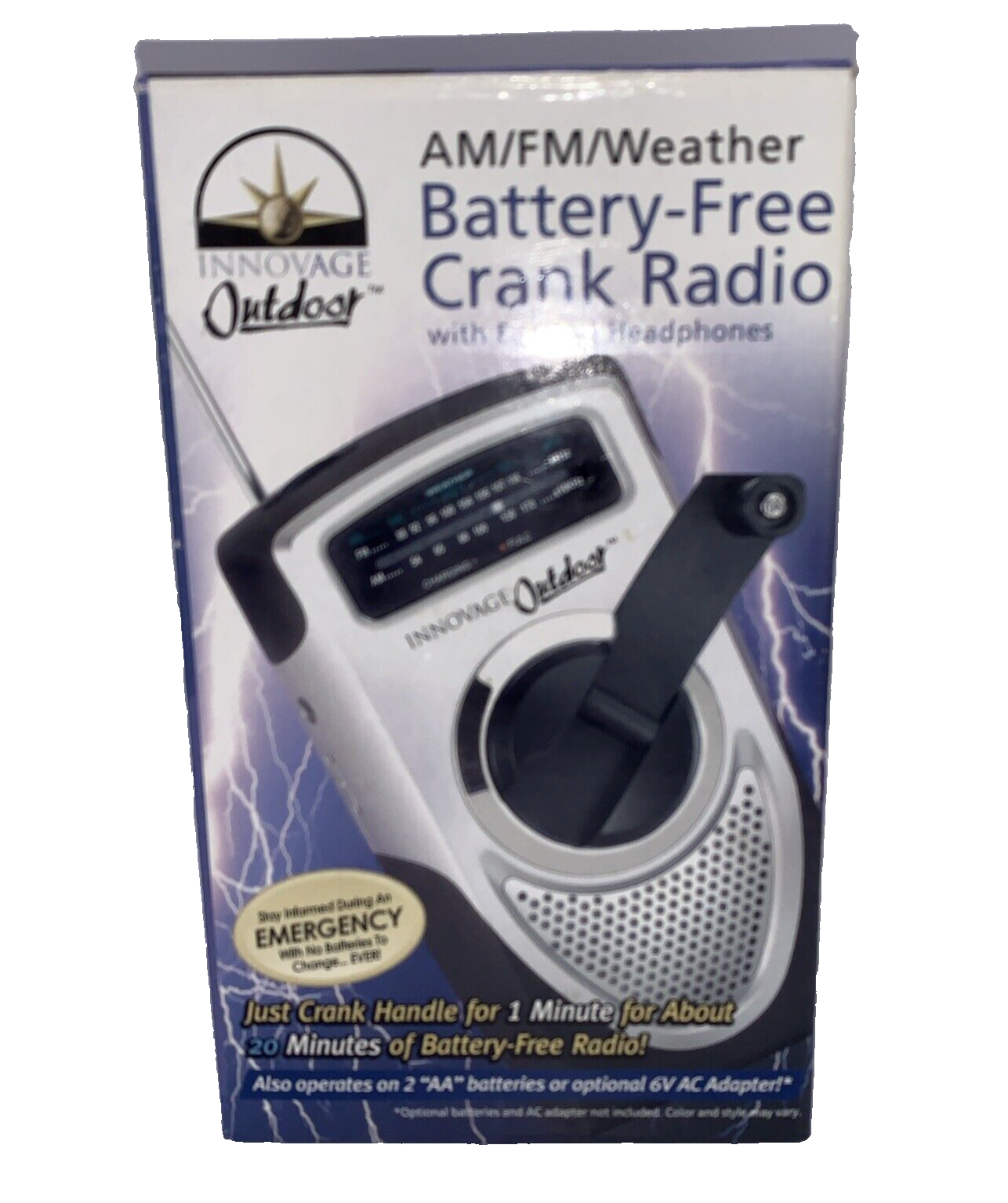 Innovage Outdoor AM/FM/ Weather Battery-Free Crank Radio with Ear Bud Headphones