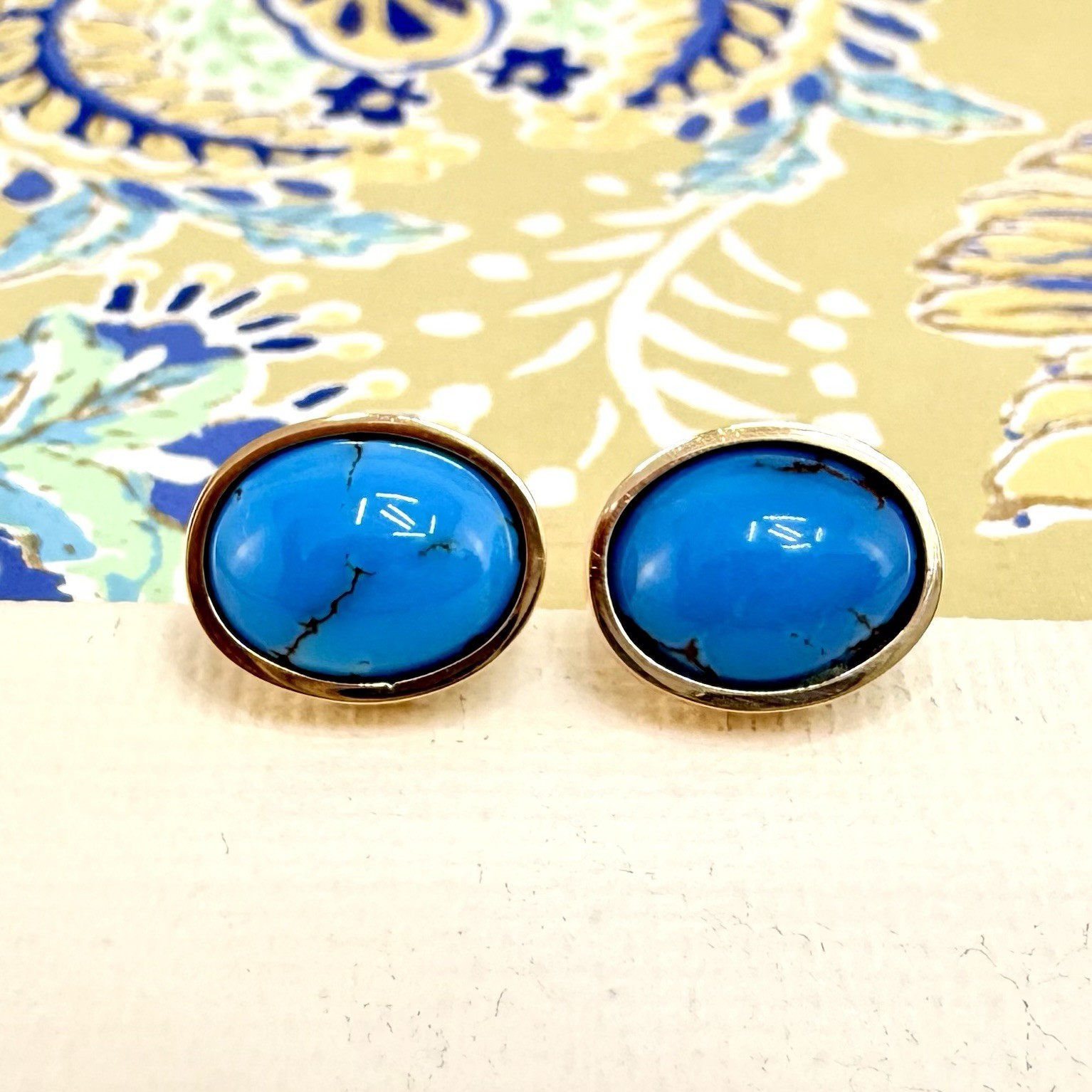 14k Yellow Gold Egyptian Turquoise Custom Made Stud Earrings, New Pair #3 - Picture 6 of 9
