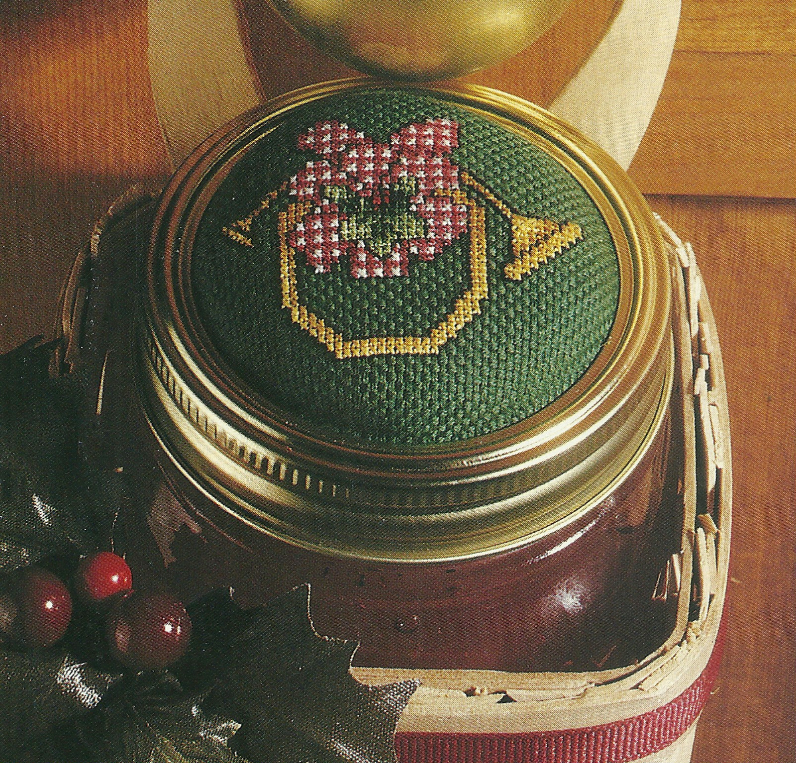 happy-holiday-jar-lid-cross-stitch-pattern-plus-jam-recipe-from-a-magazine-ebay