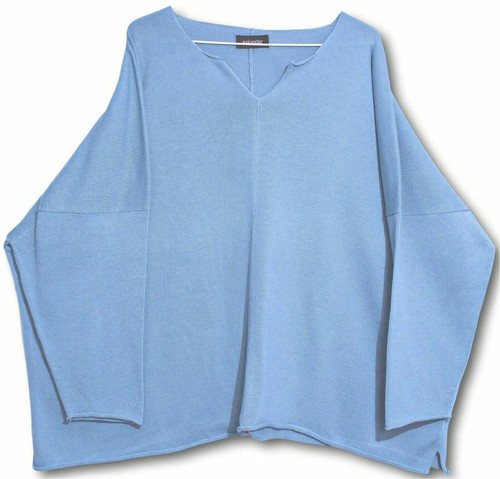 Eskandar O/S Cotton Split V-Neck BOXY WIDE Sweater Oversize BLUE Scotland  Knit
