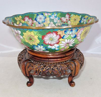 7.75" Antique Chinese Cloisonne Scalloped Bowl with Flowers & Wood Display Stand