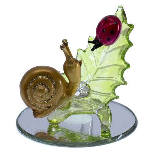 Hand Blown Glass Snail & Ladybug Figurine On Beveled Mirror Base 3" High New