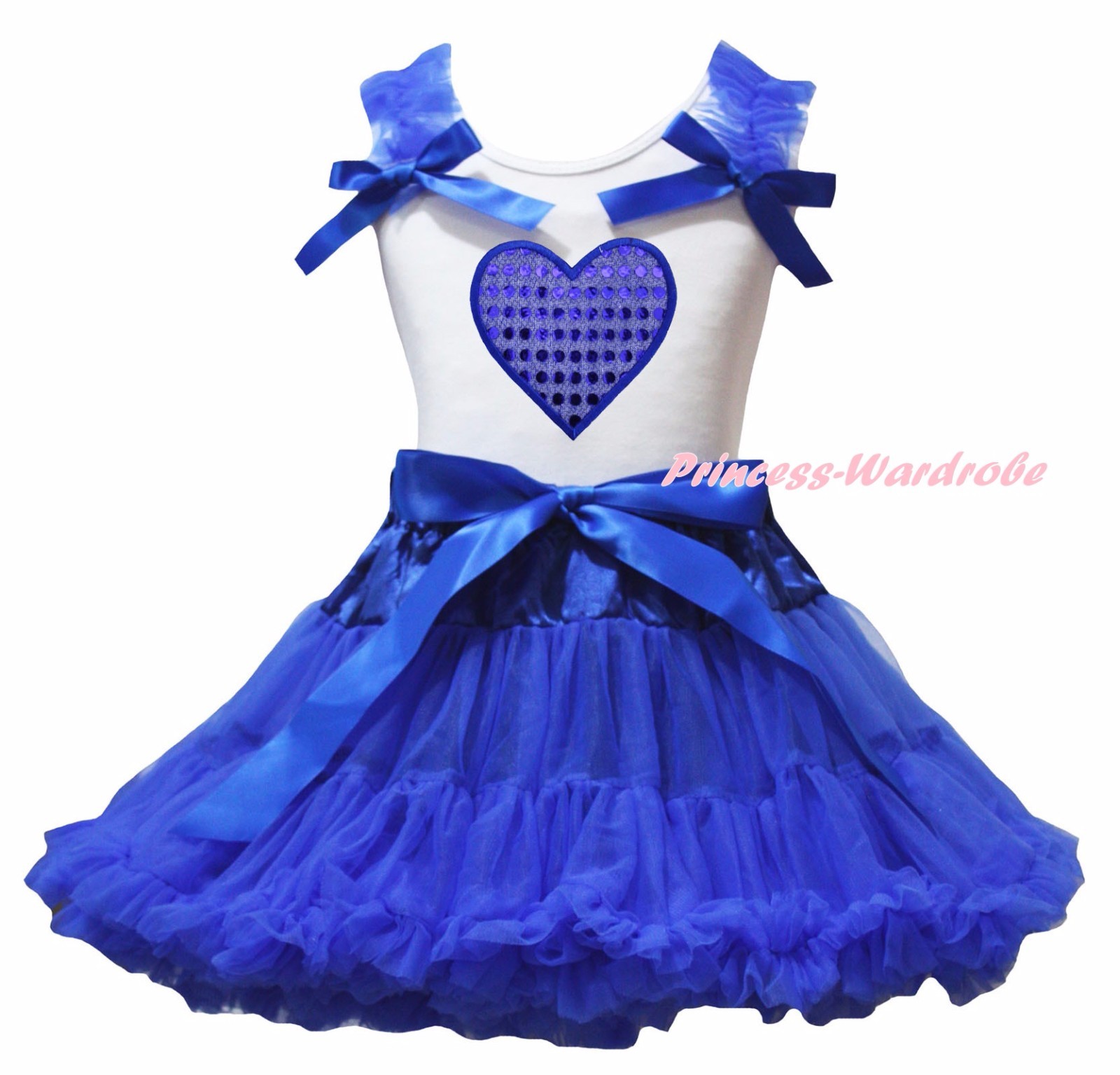 white top blue skirt