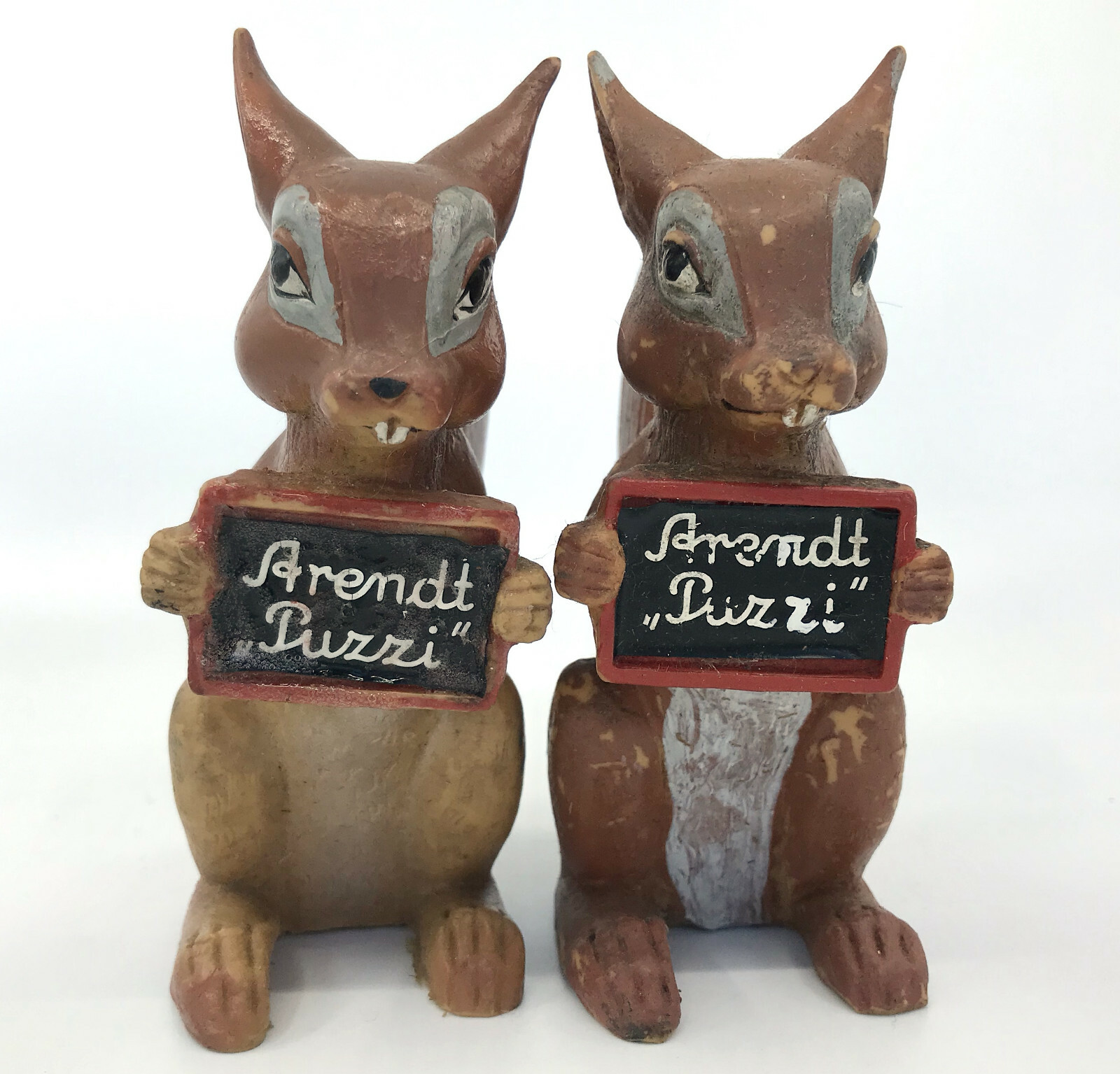 Rubber Squirrel Figure x 2 Holding Signs Arendt Puzzi 5in 1940s to 60s Germany