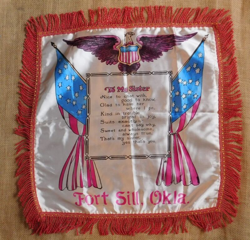 VTG  Souvenir Satin Pillow Cover Fort Sill Oklahoma "Sister 17" x 17" Army