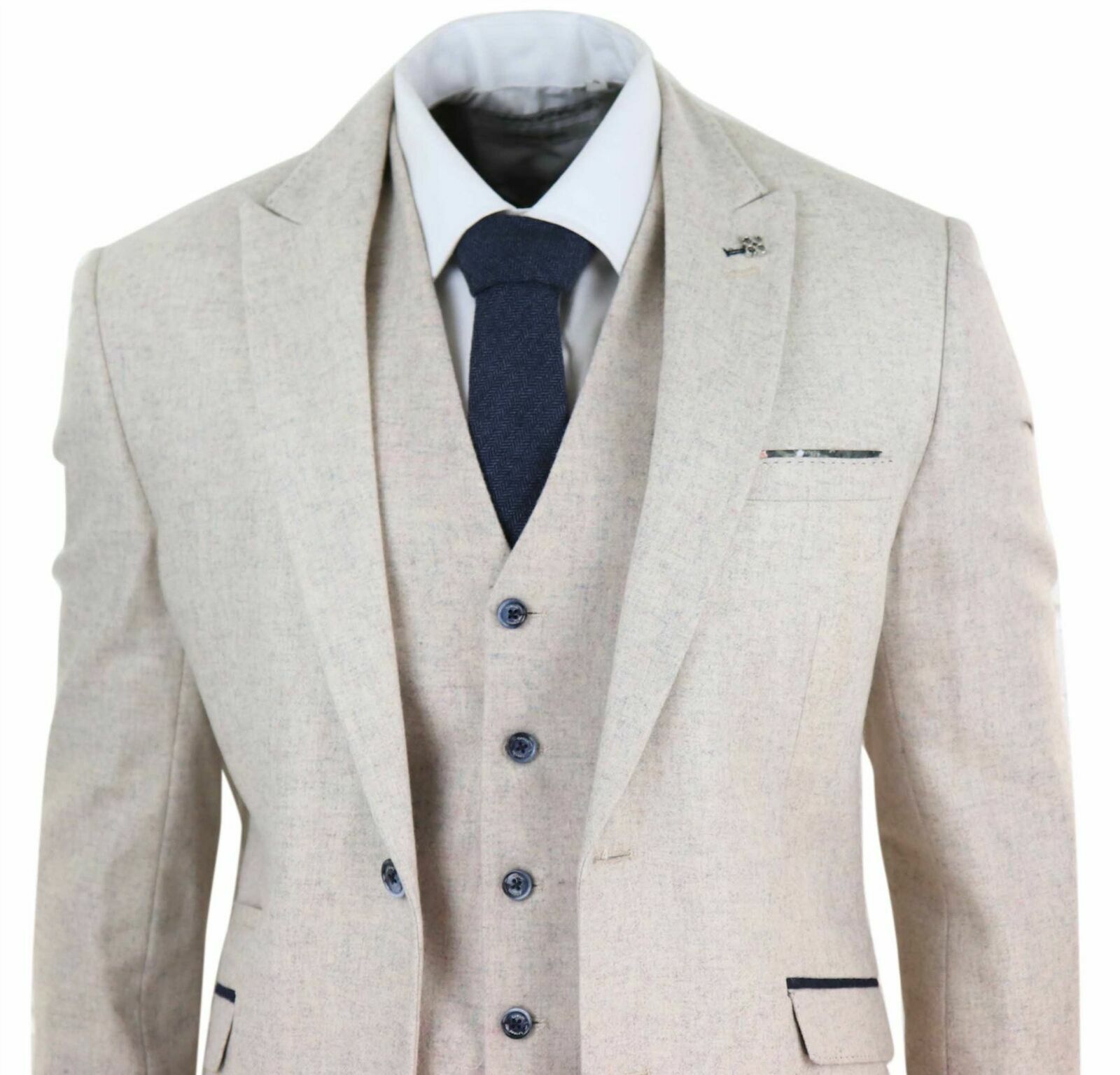 Mens Navy Wool Tweed 3 Piece Suit Slim Fit Classic Vintage Retro Peaky Blinders