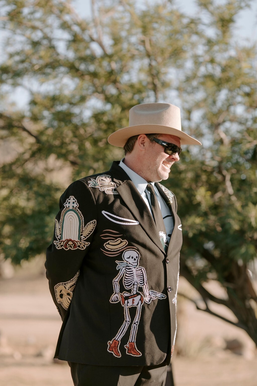 Pre-owned Art Men's Black 2pc Bespoke Country Western Suit Cowboy Skeleton Floral Embroidered
