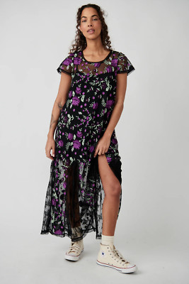 Free People Sky Bright Black Purple Embroidered Mesh Lace Midi Dress Nwt XS