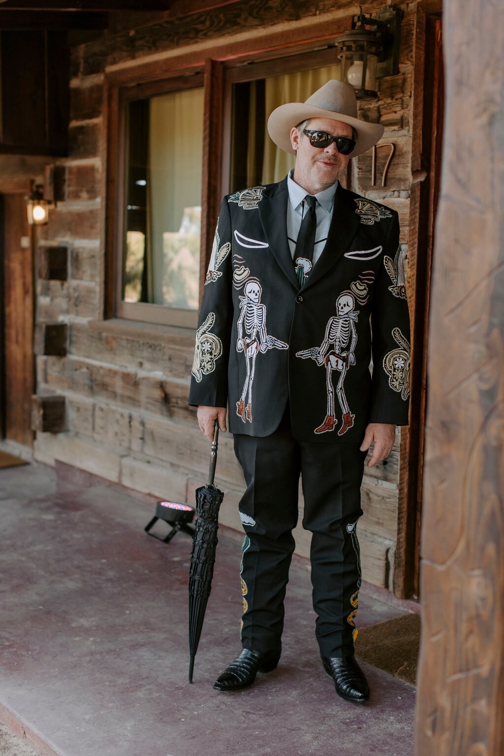 Pre-owned Art Men's Black 2pc Bespoke Country Western Suit Cowboy Skeleton Floral Embroidered