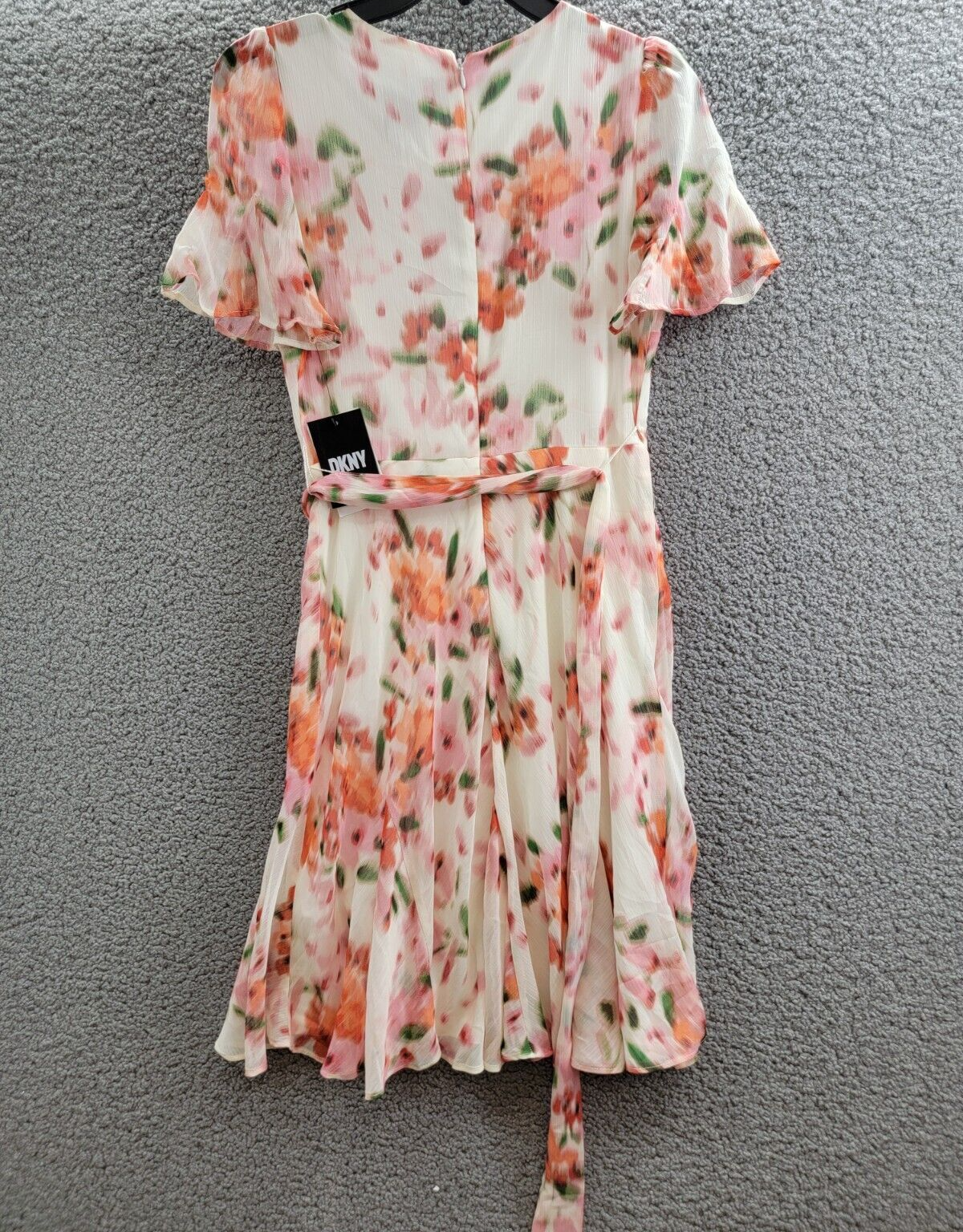 DKNY Printed Flutter-Sleeve Tie-Waist Dress Women's 2 Multicolor Back Zip S/S - Picture 10 of 17