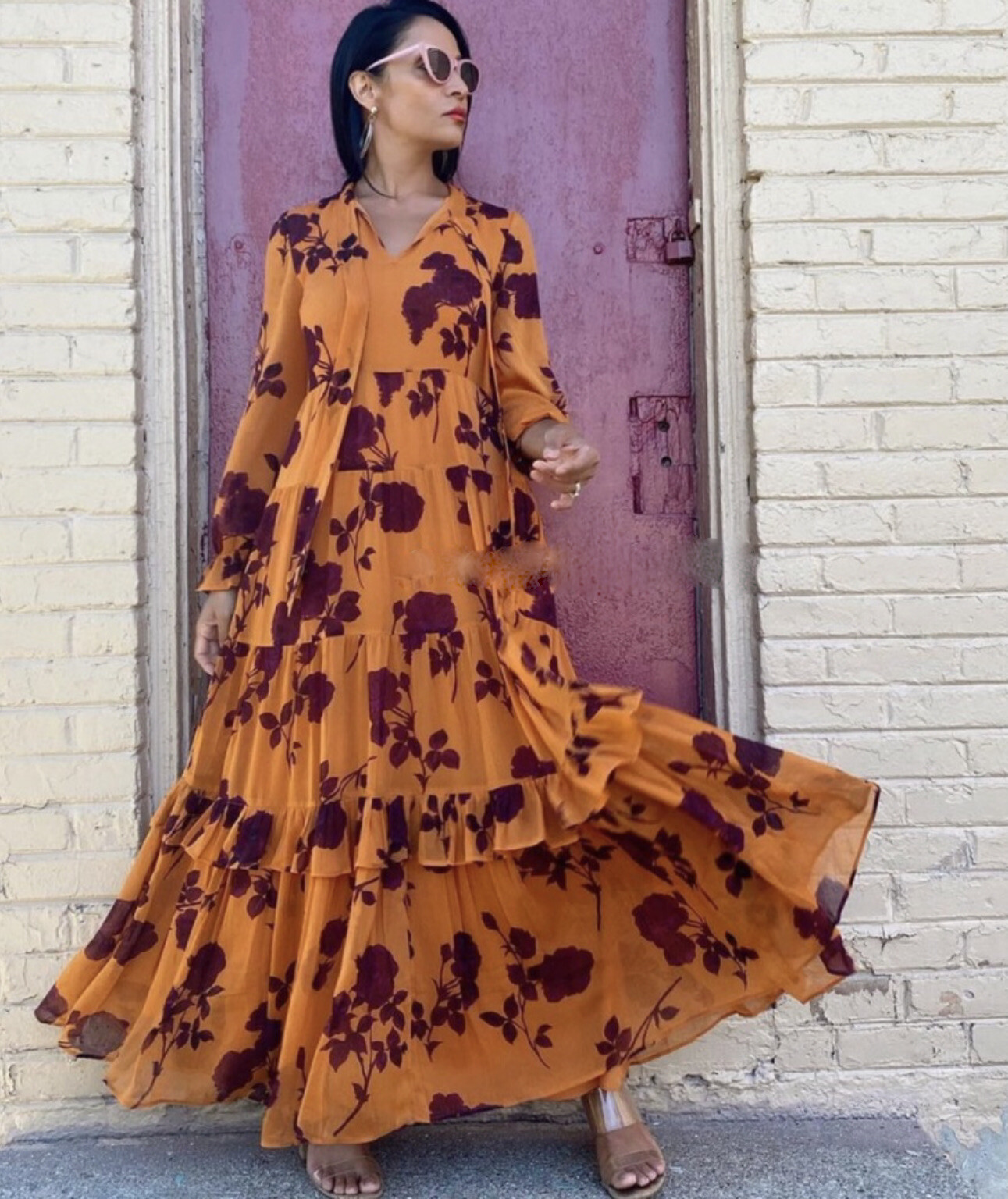 

Anthropologie Rosalita Прозрачное платье макси с рюшами DanielRainn Цветочный оранжевый  NWT, Orange purple