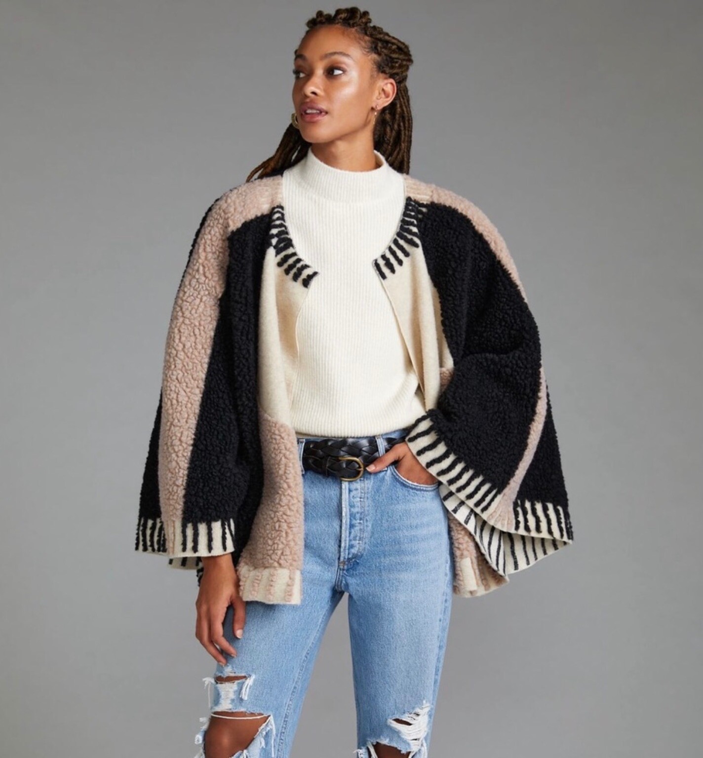 

Anthropologie Dusk - Dawn Cape Kimono Jacket Furry Black Tan Текстура OS NWT, Dusk - Dawn