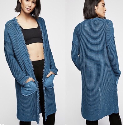 

Кардиган Free People Свитер Вудсток Открытый кардиган с потертой отделкой Карманы Синий L НОВИНКА, Blue